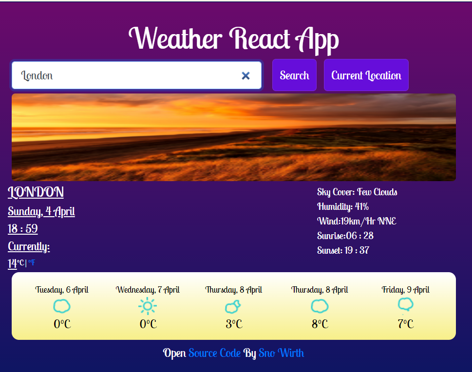 weather-app depicting London's current forcast and what the sky is like outside, the bottom has a bar showing the future weather forecast for the week